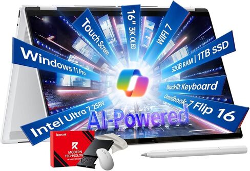 HP OmniBook 7 Flip 16 Copilot+ لاب توب 2 في 1 - Intel Ultra 7 258V (47 NPU Tops) - شاشة لمس OLED مقاس 16 بوصة 3K 120 هرتز - Wi-Fi7، كاميرا 5 ميجابكسل بالأشعة تحت الحمراء، لوحة مفاتيح بإضاءة خلفية، مع ملحق - Win 11 Pro (32 جيجابايت DDR5 | 2 تيرابايت SSD) in Kuwait