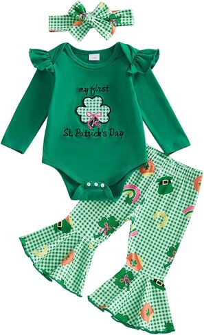 Muasaaluxi My First St Patricks Day Baby Girl Outfit Ruffle Shamrock Romper Plaid Flared Pants Headband Spring Outfit in Saudi Arabia