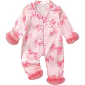 Newborn Baby Girl Birthday Satin Pajamas Bow Cake Romper Button Down One-Piece Jumpsuit Sleeper Infant Silk Sleepwear in Saudi Arabia