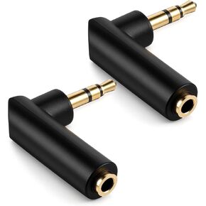 قطعتين محول صوت زاوية 3.5 ملم ذكر إلى أنثى، محول قابس 90 درجة مطلي بالذهب TRS مقبس ستيريو موصل Aux، متوافق مع سماعات الرأس والأجهزة اللوحية ومكبرات الصوت - أسود in Kuwait