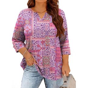 TFSDOD بلوزات حجم كبير للنساء الخامس الرقبة تي شيرت 3/4 طول الأكمام بلوزة متأنق عادية تي فضفاضة تناسب XL-5X in Kuwait