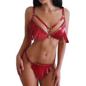 أطقم ملابس داخلية مثيرة للنساء من جلد البولي يوريثان سلسلة حزام الصدر بشراشيب مع برشام قابل للتعديل تنانير حمالة صدر بكيني على الطراز القوطي البانك in Kuwait