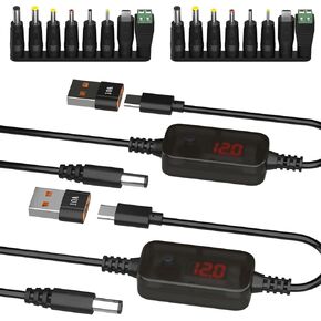 محول USB إلى 12 فولت من DROK - منظم جهد تيار مستمر قابل للتعديل 5 فولت/9 فولت/12 فولت/15 فولت/20 فولت، محول تعزيز 3.28 قدم/1 متر مع 8 قابس تيار مستمر ومحول USB in Saudi Arabia