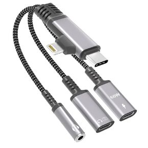 مقسم USB C وLightning 2 في 3 مع بيانات بسرعة 480 ميجا بت في الثانية، وشحن PD60W، وبيانات مقسم USB C وشحن الموسيقى الداعمة، والمكالمات، والميكروفون، وشاحن محول سماعة الرأس Lightning لأجهزة iPhone / iPad in Kuwait