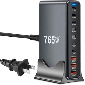 10 في 1 و765 واط USB C شاحن كتلة محطة شحن USB متعددة المنافذ GaN III محور شحن سريع، محول شاحن كمبيوتر محمول PD 140 واط لجهاز MacBook Pro/Air، i-Pad Pro/Air، Phone 17/16/15، Galaxy S24/S23 in Kuwait