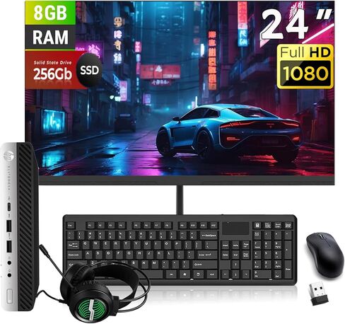 كمبيوتر مكتبي صغير HP EliteDesk 705 G4 مع شاشة FHD مقاس 24 بوصة، وسماعة RGB، وAMD Ryzen 5 2400G 3.6 جيجا هرتز، وذاكرة الوصول العشوائي 8 جيجا، وSSD 256 جيجا، ولوحة مفاتيح وماوس، وUSB WiFi، ونظام التشغيل Windows 11 (متجدد) in Kuwait