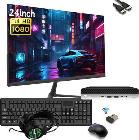 كمبيوتر مكتبي صغير HP EliteDesk 705 G4 مع شاشة FHD مقاس 24 بوصة، وسماعة RGB، وAMD Ryzen 5 2400G 3.6 جيجا هرتز، وذاكرة الوصول العشوائي 8 جيجا، وSSD 256 جيجا، ولوحة مفاتيح وماوس، وUSB WiFi، ونظام التشغيل Windows 11 (متجدد) in Kuwait