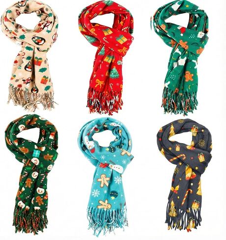 6 Pcs Christmas Scarf with Tassels Bulk for Women Xmas Warm Large Holiday Scarf Wrap Gift, 6 Style, 27 x 71 Inch in Saudi Arabia