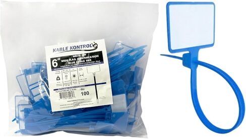 علامات ربط بسحاب لتعريف العلم من Kable Kontrol - علامات كابل 6 بوصات 1 ‑ 7/8 بوصة × 1 ‑ 1/8 بوصة علم قابل للكتابة - 100 قطعة - أربطة كابل ذات علامة نايلون ذاتية القفل لوضع العلامات على الكابلات وتنظيمها - أزرق in Kuwait