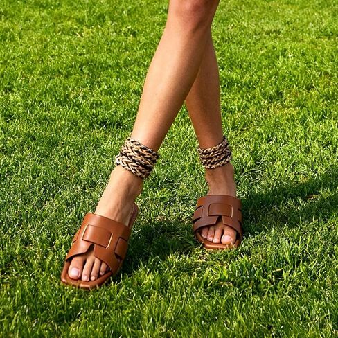 Summer Slip-On Flat Sandals for Women Comfortable Strappy Slides Strap with Square in Saudi Arabia