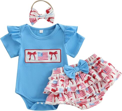 Thorn Tree Baby Girl 1St 4th of July Clothes Short Sleeve Romper Elastic Waist Ruffle Hem Shorts Headband Summer Set in Saudi Arabia