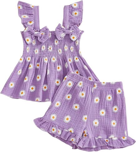 Toddler Baby Girl Outfits Little Girls Summer Spring Clothes Kids Daisy Bow Ruffled Smocked Tank Top ＋ Shorts Set in Saudi Arabia