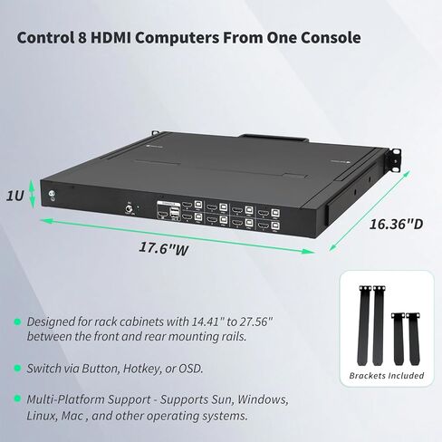 وحدة تحكم KVM مثبتة على حامل HDMI 8 منافذ، شاشة 15.6 بوصة FHD LCD مثبتة على حامل مع KVM، لوحة مفاتيح مدمجة ولوحة اللمس، 1U، التبديل عبر الأزرار/OSD/مفاتيح الاختصار، قابس ساخن، تتضمن كابلات USB HDMI KVM in Kuwait