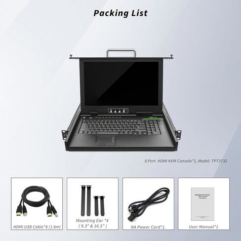 وحدة تحكم KVM مثبتة على حامل HDMI 8 منافذ، شاشة 15.6 بوصة FHD LCD مثبتة على حامل مع KVM، لوحة مفاتيح مدمجة ولوحة اللمس، 1U، التبديل عبر الأزرار/OSD/مفاتيح الاختصار، قابس ساخن، تتضمن كابلات USB HDMI KVM in Kuwait