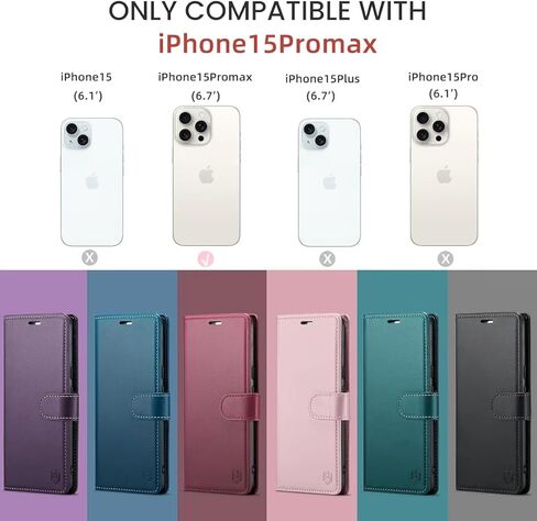 حافظة محفظة لسلسلة iPhone 15، حامل بطاقات ائتمان RFID، غطاء واقٍ مقاوم للصدمات من جلد البولي يوريثان، لهاتف Apple 15 Series (أرجواني، iPhone 15 Pro Max - 6.7 بوصات) in Kuwait