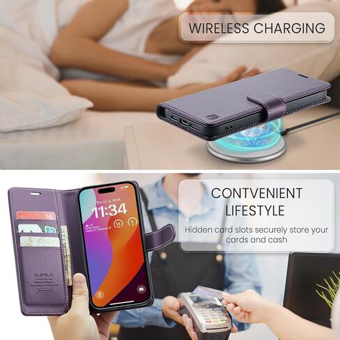 حافظة محفظة لسلسلة iPhone 15، حامل بطاقات ائتمان RFID، غطاء واقٍ مقاوم للصدمات من جلد البولي يوريثان، لهاتف Apple 15 Series (أرجواني، iPhone 15 Pro Max - 6.7 بوصات) in Kuwait