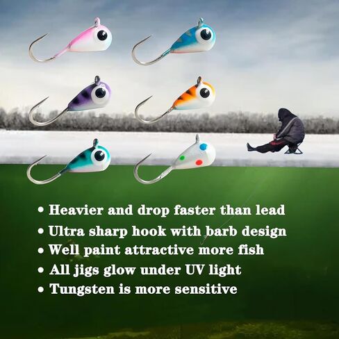 Tungsten Ice Fishing Jigs Kit,Tear Drop Ice Fishing Jig with UV Light,Super Sensitive Ice Fishing Lures for Crappie Panfish Perch Walleye 18pcs in Saudi Arabia