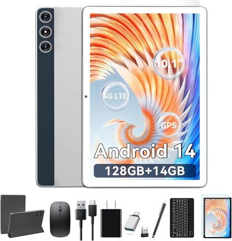 Tablet 10.1 Inch Android 14, Octa-Core 5G WiFi, 128GB ROM 14GB RAM, Dual Sim Card Slot, Camera, 2025 Latest Tab with Keyboard Bundle 1TB Expand Android Tablet 13MP+8MP, Unlocked for T-Mobile (Silver) in Saudi Arabia