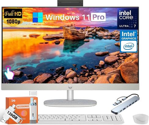 كمبيوتر مكتبي الكل في واحد بشاشة لمس FHD مقاس 27 بوصة من HP، ومعالج Intel 12-Core Ultra 7 155U (حتى 4.8 جيجا هرتز)، وذاكرة وصول عشوائي DDR5 سعة 64 جيجابايت، ومحرك أقراص SSD سعة 2 تيرابايت، وزاوية قابلة للتعديل، ورسومات Intel، ولوحة مفاتيح وماوس لاسلكيين،  in Kuwait