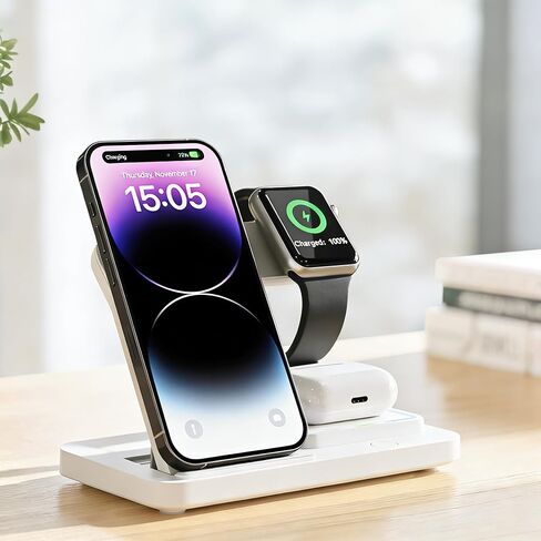 قاعدة شحن لاسلكية للهاتف، حامل شاحن 3 في 1 لأجهزة Apple - 17-11 Pro Max - Watch 10-2 SE وUltra Series - Airpods 4 3 Pro White in Saudi Arabia