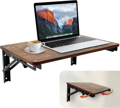 Folding Shelf Wall Mounted for Small Space, Rustic Wooden Wall Table for Living Room Bedroom Decor, Home Office Floating Fold Down Desk, Media Shelves with Heavy-Duty Brackets Holds Up to 30lbs in Saudi Arabia