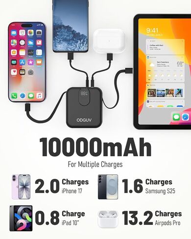 Small Portable Charger with Built-in Cables,22.5W Fast Charging Power Bank,USB-C Mini Battery Pack 10000mAh,Travel Essential Powerbank for iPhone Samsung Android iPad MacBook,Black in Saudi Arabia