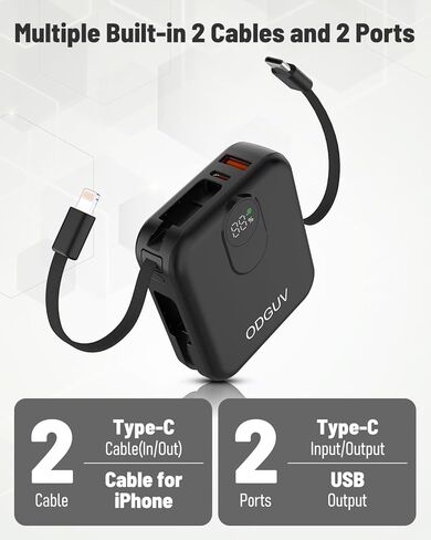 شاحن محمول صغير مع كابلات مدمجة، بنك طاقة سريع الشحن بقدرة 22.5 وات، حزمة بطارية صغيرة USB-C بقدرة 10000 مللي أمبير في الساعة، بنك طاقة أساسي للسفر لهاتف iPhone Samsung Android iPad MacBook، أسود in Kuwait