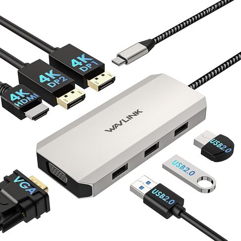 شاشة USB C Dock رباعية، محطة إرساء كمبيوتر محمول WAVLINK 7 في 1 مع 4K DP مزدوج، 4K HDMI، 1080P VGA، 480 ميجابت في الثانية USB2.0-A لأجهزة Lenovo Thinkpad، وأجهزة الكمبيوتر المحمولة HP، لا تدعم نظام التشغيل MacOS in Kuwait