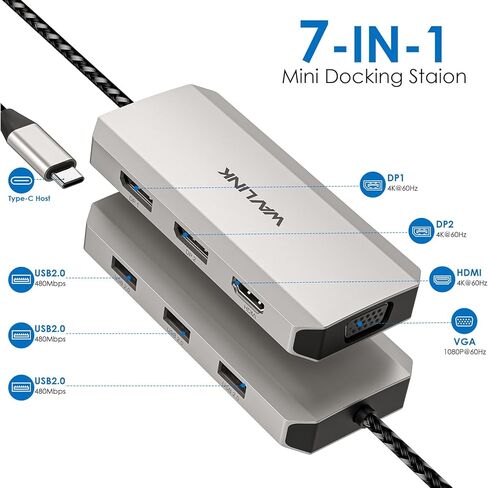 شاشة USB C Dock رباعية، محطة إرساء كمبيوتر محمول WAVLINK 7 في 1 مع 4K DP مزدوج، 4K HDMI، 1080P VGA، 480 ميجابت في الثانية USB2.0-A لأجهزة Lenovo Thinkpad، وأجهزة الكمبيوتر المحمولة HP، لا تدعم نظام التشغيل MacOS in Kuwait