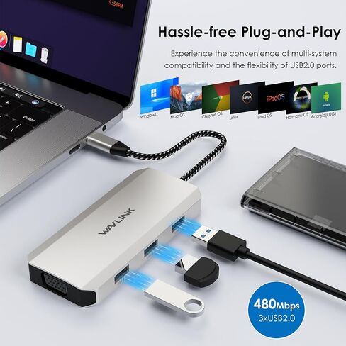 شاشة USB C Dock رباعية، محطة إرساء كمبيوتر محمول WAVLINK 7 في 1 مع 4K DP مزدوج، 4K HDMI، 1080P VGA، 480 ميجابت في الثانية USB2.0-A لأجهزة Lenovo Thinkpad، وأجهزة الكمبيوتر المحمولة HP، لا تدعم نظام التشغيل MacOS in Kuwait