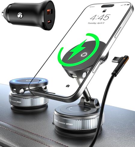 CloudValley 15W Fast Wireless Car Phone Holder Mount, Magnetic Charger with Super Strong Vacuum Suction, 360° Adjustable Foldable Stand for Car Dashboard, Designed for MagSafe iPhone 16/15/14/13/12 in Saudi Arabia