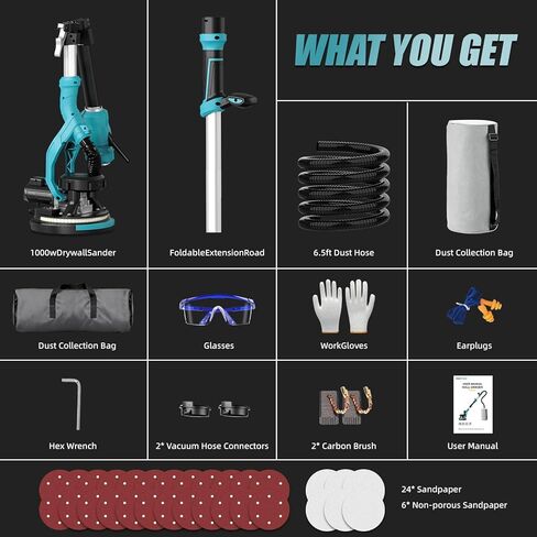 ماكينة صنفرة الحوائط الجافة، أداة إزالة سقف الفشار بقدرة 1000 وات، ماكينة سنفرة الحوائط الجافة الكهربائية مع مجموعة غبار مفرغة، 30 قطعة أقراص سنفرة، 6 سرعات متغيرة 800-2200 دورة في الدقيقة، ضوء LED، مقبض قابل للطي والتمديد in Kuwait