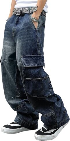 Men's Y2K Hip Hop Baggy Cargo Jeans Loose Fit Wide Leg Denim Pants Casual Streetwear Trousers in Saudi Arabia