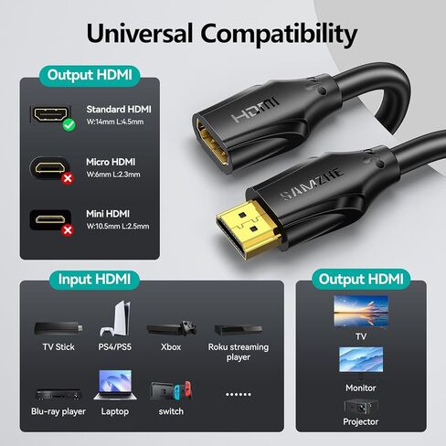 SAMZHE 8K HDMI Extension Cable Short 1.6FT/0.5M HDMI Extender 2.1, 8K@60hz 4K@240hz Hdmi Male to Female Adapter, Ultra High Speed 48Gbps Extensor Cord Compatible with Fire Stick Roku TV Blu-Ray PS5 in Saudi Arabia
