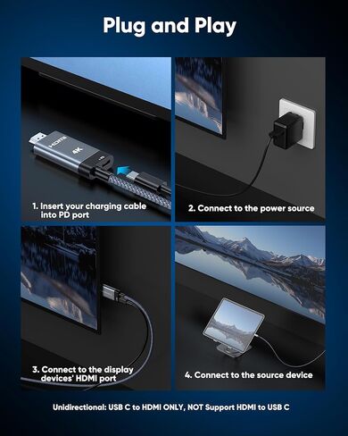 كابل Highwings USB C إلى HDMI مع محول شحن PD بطول 6 أقدام/2 متر، شحن سريع 100 واط من النوع C إلى HDMI 4K@60 هرتز سلك مجدول Thunderbolt 5/4/3 متوافق مع iPhone 17 16 15 وiPad وSteamDeck وXPS والمزيد in Kuwait