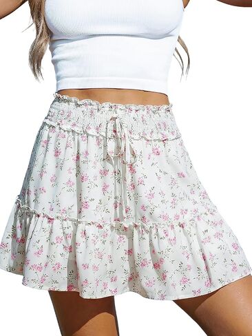 Women’s Mini Skirts Boho Floral High Waist Ruffle Tiered Chiffon Flowy A-Line Beach Casual Cute Short Skirt in Saudi Arabia