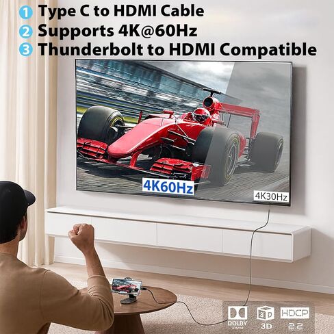 كابل USB C إلى HDMI، سلك مجدول 4K 60 هرتز من النوع C مع موصلات مطلية بالذهب، متوافق مع Thunderbolt، يعمل مع MacBook، iPad Pro، Dell، HP، Samsung Galaxy، Chromebook، جهاز العرض، 3 أقدام in Saudi Arabia