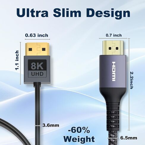 Adoreen معتمد رفيع للغاية 8K HDMI 2.1 كابل 2 قدم، 8K@60 هرتز 4K@120 هرتز 48 جيجابت في الثانية عالي السرعة نحيف ناعم منخفض المستوى سلك HDMI، eARC، HDCP، Dolby، HDR10 للألعاب PS5 Xbox Apple HDTV كاميرا المراقبة in Kuwait