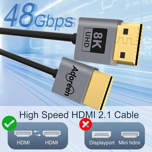 Adoreen معتمد رفيع للغاية 8K HDMI 2.1 كابل 2 قدم، 8K@60 هرتز 4K@120 هرتز 48 جيجابت في الثانية عالي السرعة نحيف ناعم منخفض المستوى سلك HDMI، eARC، HDCP، Dolby، HDR10 للألعاب PS5 Xbox Apple HDTV كاميرا المراقبة in Kuwait