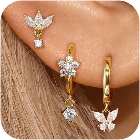 14K Gold Plated Hoop Earrings for Women, Dainty Pink Butterfly Star Sun Heart Hoop Earring Sets with S925 Sterling Silver Post, Pink Earring Stacks Jewelry for Women Trendy in Kuwait