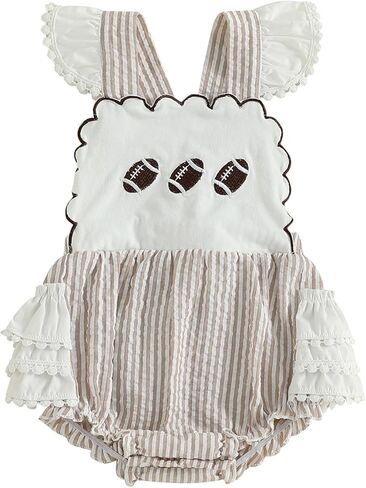 Newborn Baby Girl Football Outfit Football Embroidery Striped Bubble Romper Sleeveless Onesie Ruffle Bodysuit Overalls in Saudi Arabia