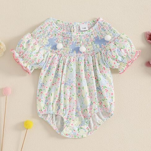 Kayotuas طفلة عيد الفصح الزي Smocked فقاعة رومبير الأرنب الصليب التطريز نفخة قصيرة الأكمام ارتداءها لطيف المعمودية الملابس in Saudi Arabia