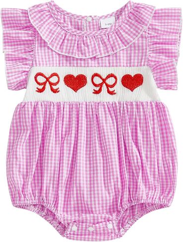 My First Valentines Day Baby Girl Outfit Infant Valentines Bubble Romper Love Heart Smocked Onesie Newborn Clothes in Saudi Arabia