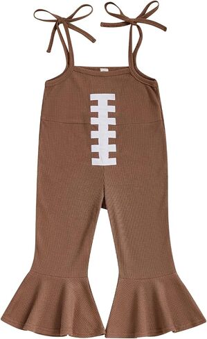 Toddler Baby Girl Football Outfit Jumpsuit Bow Football Romper Game Day Bell Bottom Overalls Kids Rugby Flared Pants in Kuwait