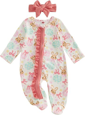 My First Easter Baby Girl Outfit Newborn Easter Eggs Footie Jumpsuit Ruffle Zipper Romper Cute Infant Spring Clothes in Saudi Arabia