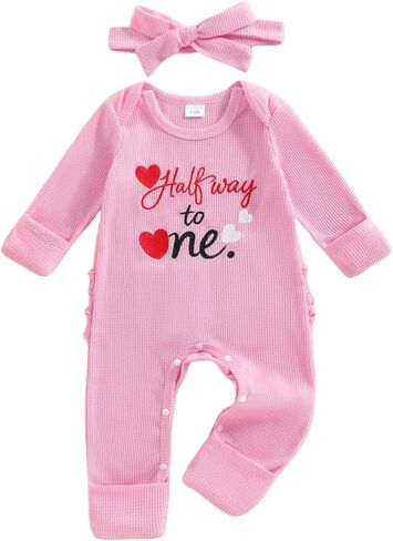 Infant Baby Girl Valentines Day Outfit Halfway To One Love Heart Long Sleeve Waffle Romper Jumpsuit Birthday Clothes in Saudi Arabia