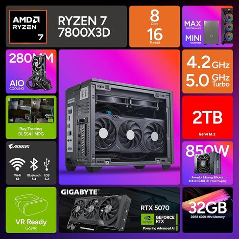 كولر ماستر NR2 Pro Mini ITX – AMD RYZEN 7 7800X3D 4.2 جيجا هرتز (5.0 جيجا هرتز توربو) | جيجابايت RTX 5070 12 جيجا بايت & B650I AORUS Ultra | 32 جيجابايت DDR5 6000 ميجا هرتز | 2 تيرابايت Gen4 M.2 | واي فاي | ويندوز 11 | كمبيوتر ألعاب AIO مقاس 280 ملم in Saudi Arabia