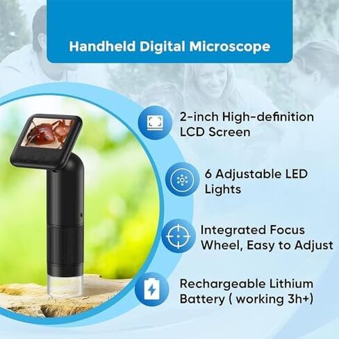 كاميرا مجهرية رقمية مع تكبير 400-800X، 6 مصابيح LED، شاشة قابلة للتعديل، عرض مباشر، تسجيل الصور ومقاطع الفيديو للاستخدام الخارجي in Kuwait