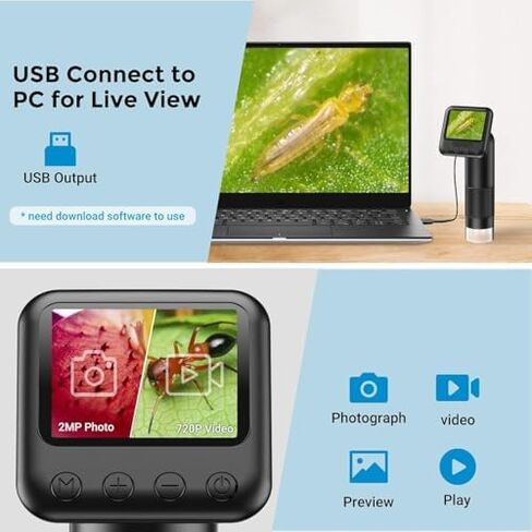 كاميرا مجهرية رقمية مع تكبير 400-800X، 6 مصابيح LED، شاشة قابلة للتعديل، عرض مباشر، تسجيل الصور ومقاطع الفيديو للاستخدام الخارجي in Kuwait