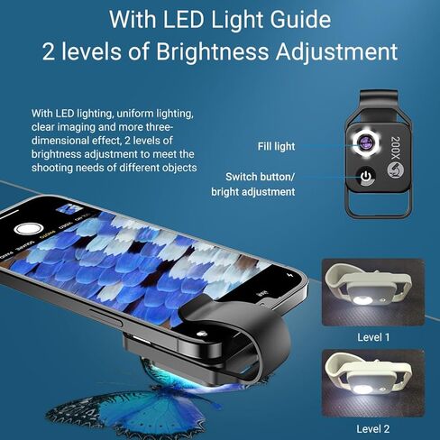 ETOYA 200X مجهر جيب صغير للهاتف مع عدسة CPL، ضوء LED ومشبك عالمي، ملحقات كاميرا مجهر رقمي محمول تكبير نانو لـ 99% من الهواتف الذكية، عرض العالم الصغير in Kuwait